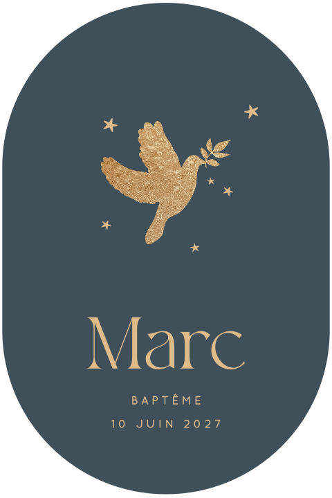 Faire-part de baptême original, fond bleu, avec étoiles et colombe