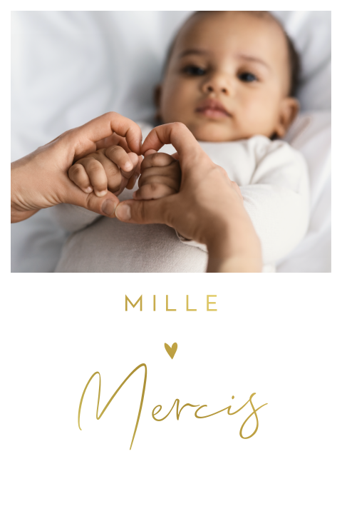 Carte de remerciement de naissance avec photo et cœur en dorure