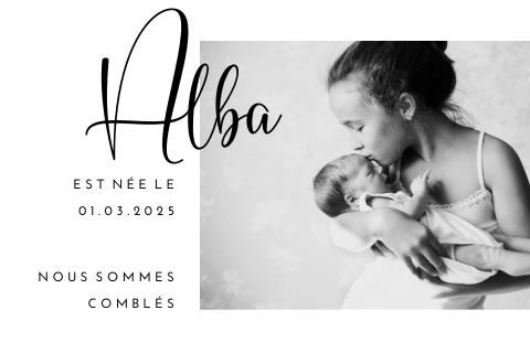Faire-part de naissance moderne avec photo en noir et blanc