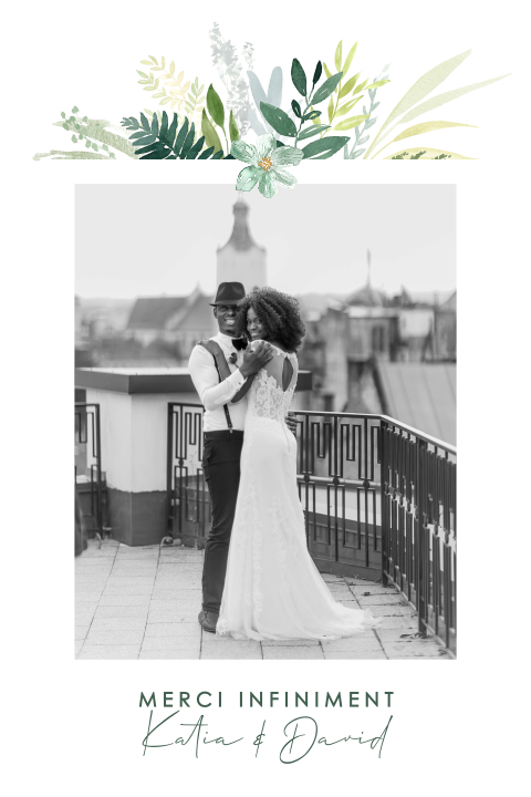 Carte de remerciement avec photo, fleur et feuilles vertes