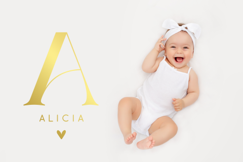 Faire-part de naissance avec photo et initiale en dorure