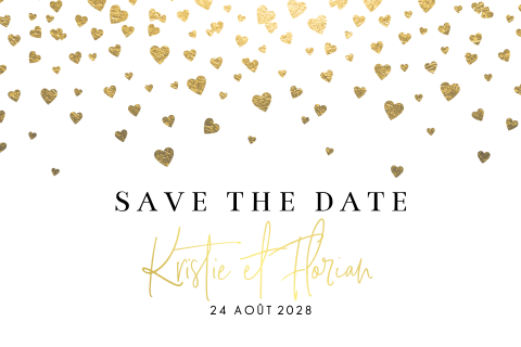 Save the date avec une pluie de coeurs dorés