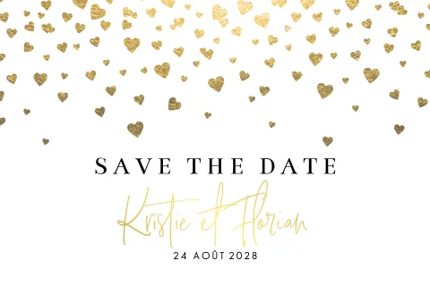Save the date avec une pluie de coeurs dorés