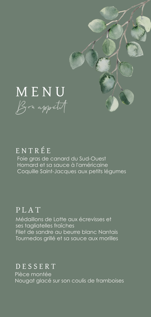 Carte de menu avec des branches d'eucalyptus et un fond vert