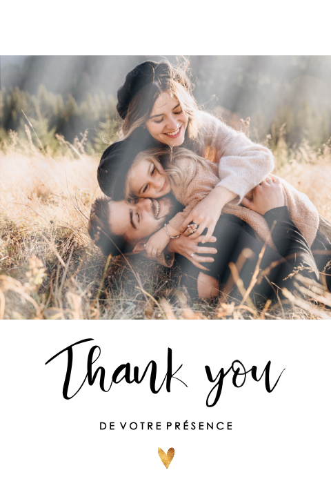 Carte de remerciement originale de mariage avec une image et dorure