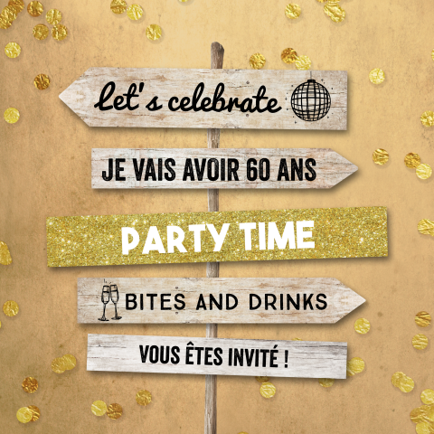 Invitation joyeuse avec un panneau indicateur et des confettis dorés