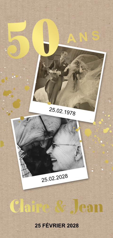 Carte d'invitation pour des noces d'or avec des photos et dorures