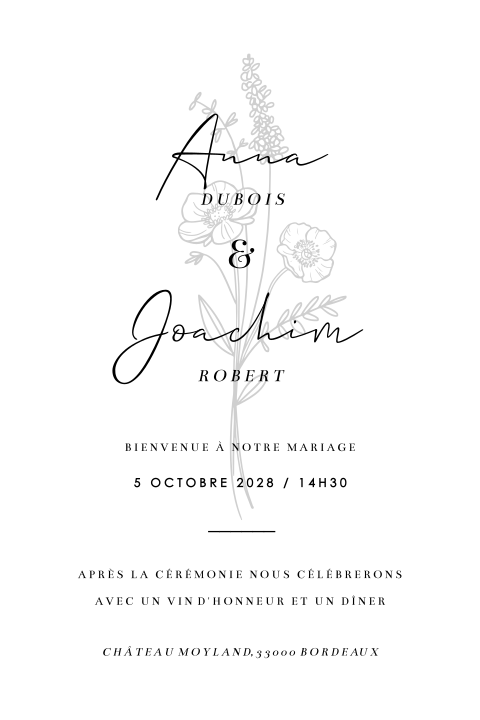 Faire-part de mariage minimaliste avec des fleurs