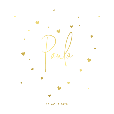 Faire-part de naissance avec prénom et cœurs dorés