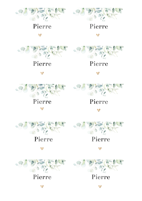 Marque-places botaniques avec cœurs et nom en vernis