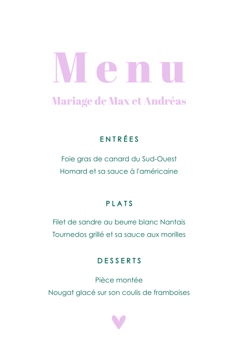 Carte de menu avec une écriture verte et violette