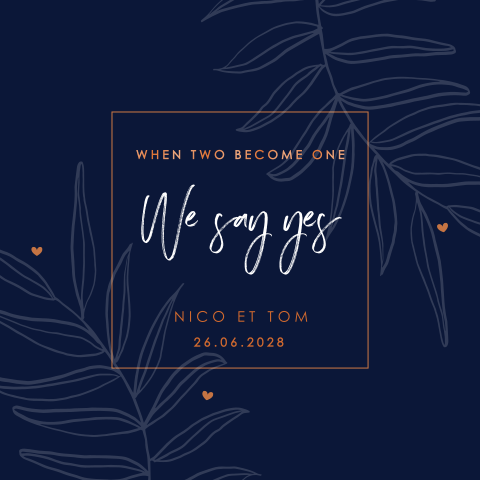 Faire-part de mariage avec un fond bleu foncé et des feuillages