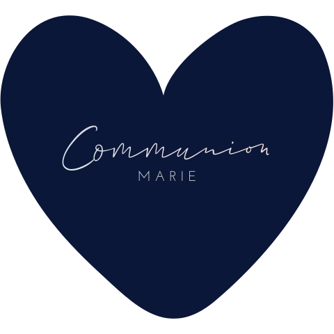 Faire-part communion forme coeur avec fond en holographie, texte noir