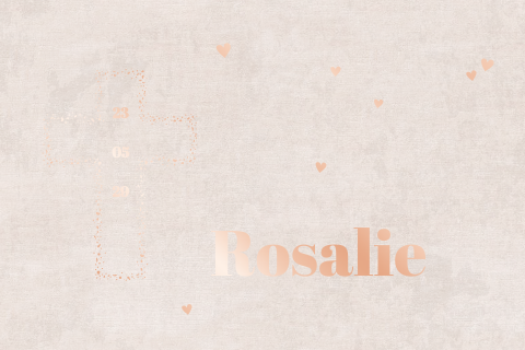 Faire-part avec coeurs, croix avec date, écriture rose dorée