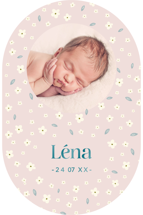 Faire-part de naissance ovale avec photo, prénom en vernis et fleurs