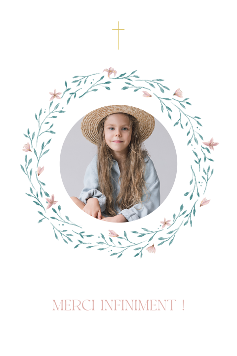 Carte remerciement communion avec couronne fleurs roses et photo