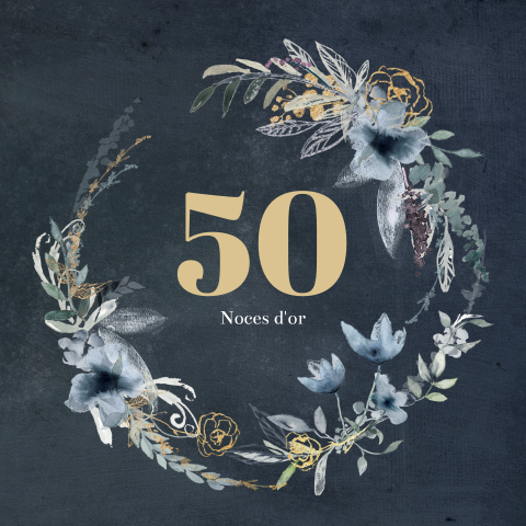 Invitation noces d'or avec fond bleu et couronne de fleurs