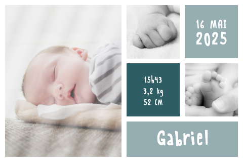 Faire-part de naissance avec rectangles bleus et photos
