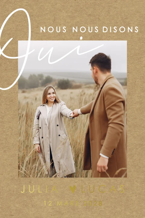 Faire-part de mariage avec dorure et photo,  avec un aspect kraft