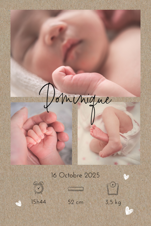 Faire-part de naissance sur aspect kraft avec photos et cœurs