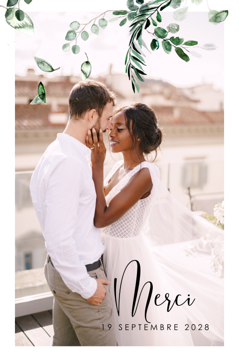 Carte de remerciement avec de l'eucalyptus et une photo