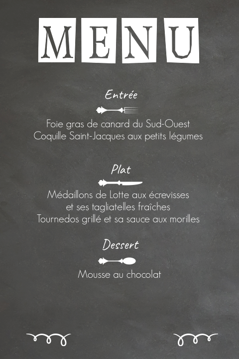 Menu communion sur fond effet ardoise avec illustration couverts