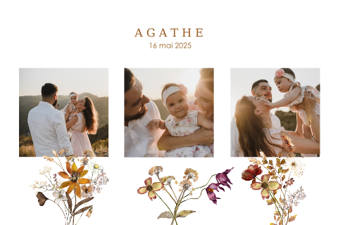Faire-part de naissance avec trois photos et fleurs