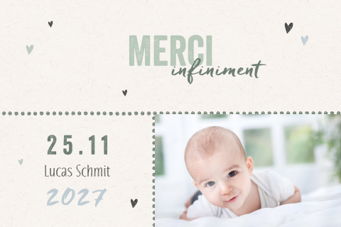 Carte de remerciement de baptême dans des teintes vertes et bleues