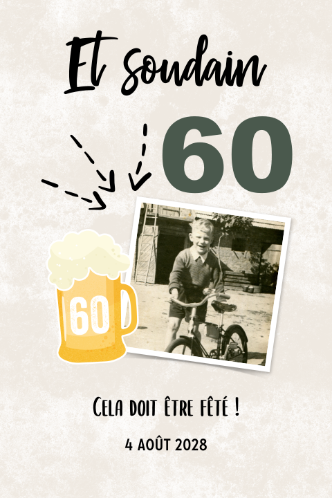 Carte d'invitation pour les 60 ans avec photo et verre à bière