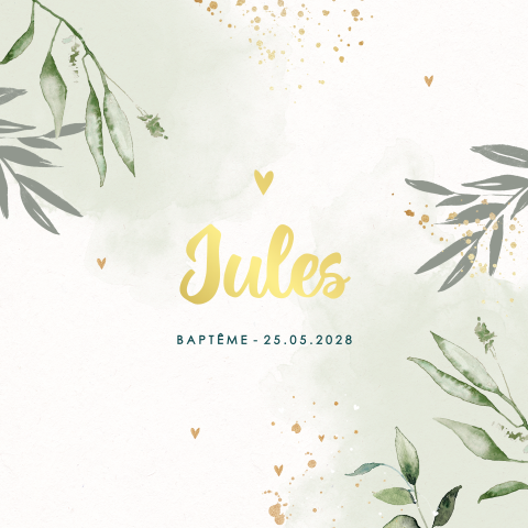 Faire-part de baptême avec feuilles, coeurs et aquarelle verte