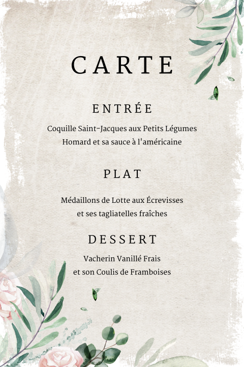 Carte de menu élégante avec des fleurs discrètes