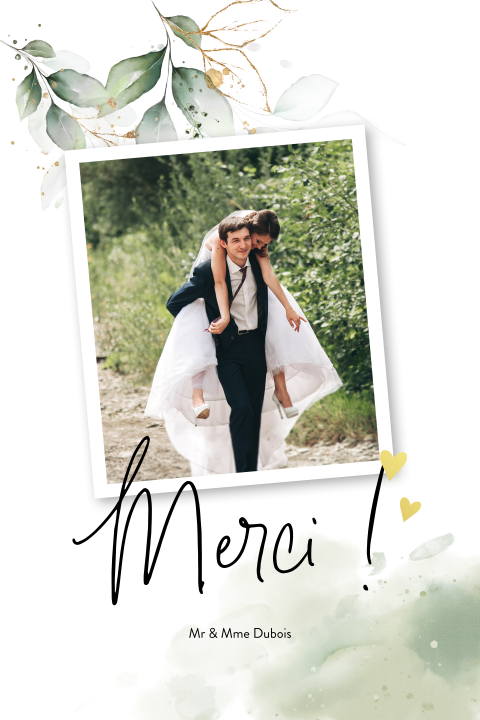 Carte de remerciement avec feuilles et photo de mariage