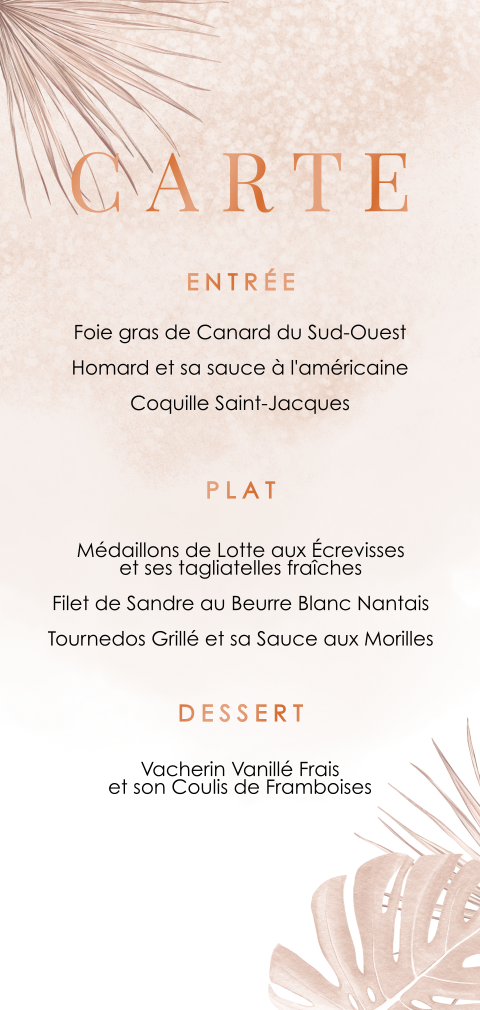 Menu dans les tons vieux rose avec texte en vernis