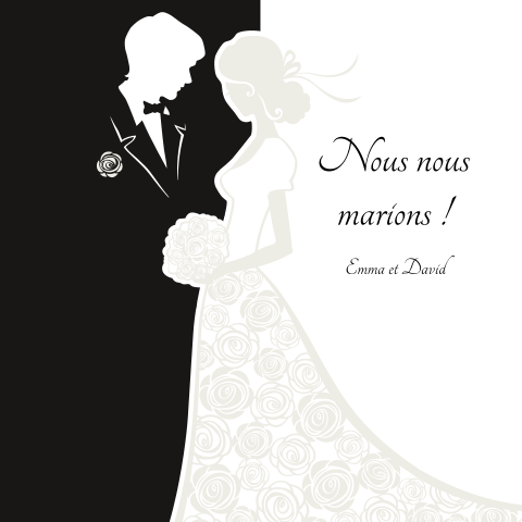 Faire-part classique avec un dessin de mariés noir et blanc