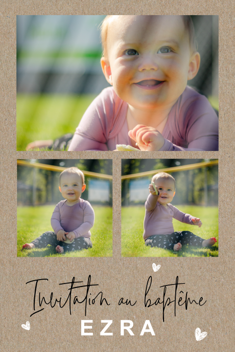 Invitation de baptême avec photos et cœurs sur impression kraft