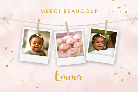 Carte de remerciement de baptême avec polaroids et cœurs