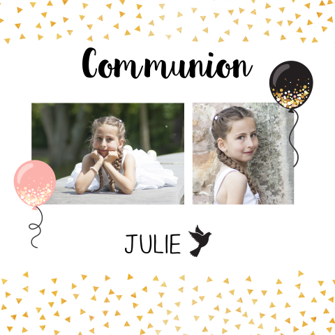 Faire-part de communion avec ballons, photos et motif de triangles
