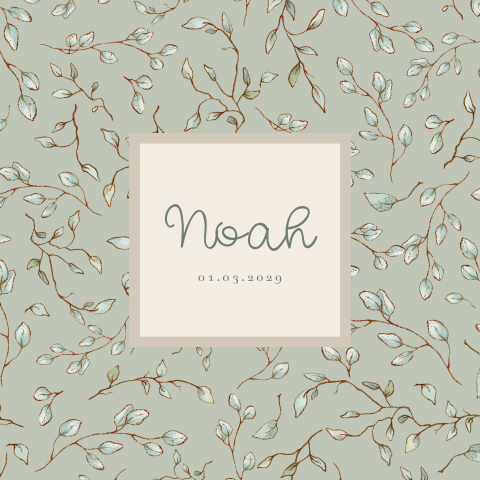 Faire-part de naissance en vert pastel avec feuillages et nom encadré