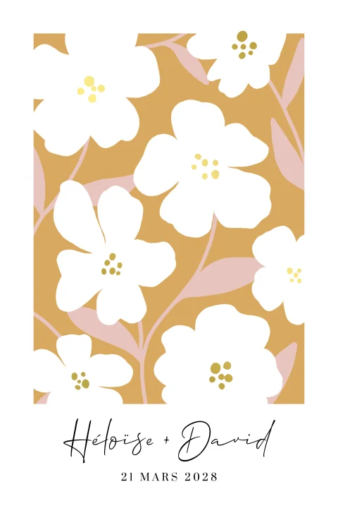 Faire-part de mariage avec silhouettes de fleurs en orange et rose