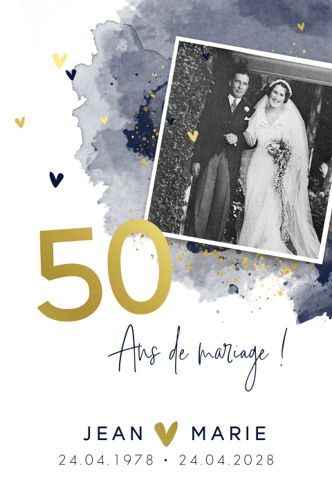 Carte d'invitation pour des noces d'or avec des dorures et aquarelles