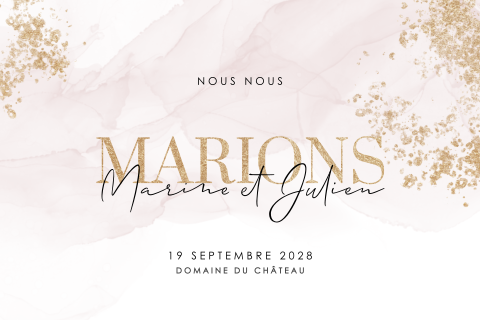 Faire-part de mariage avec paillettes d'or sur fond de marbre rose