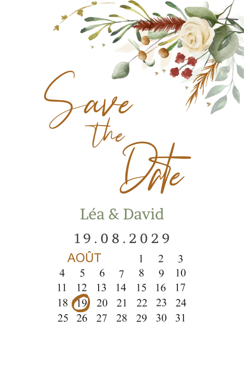Save the date avec un bouquet de fleurs et un calendrier