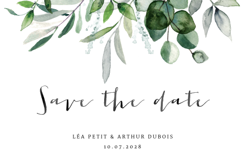 Save the date élégante avec des feuilles d'eucalyptus