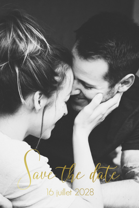 Carte save the date avec un photo et des dorures