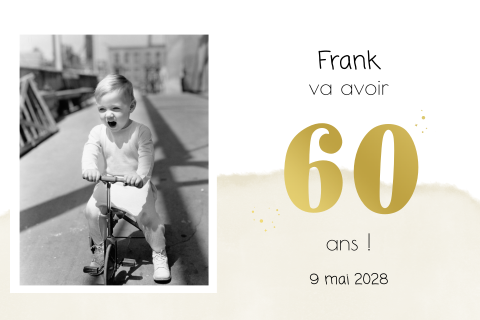Carte d'invitation moderne pour les 60 ans avec une photo et dorure