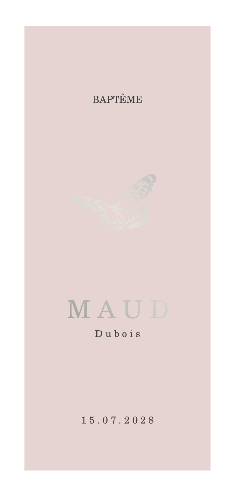 Faire-part de baptême avec cadre, fond rose et papillons