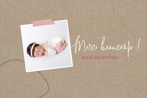 Carte de remerciement de baptême avec traits roses et poissons