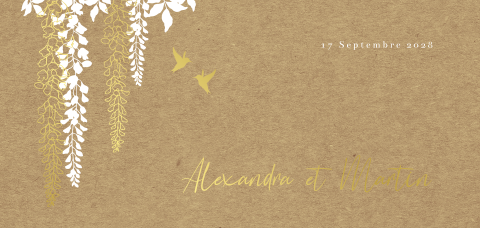 Faire-part de mariage, aspect kraft, avec branches et oiseaux en or