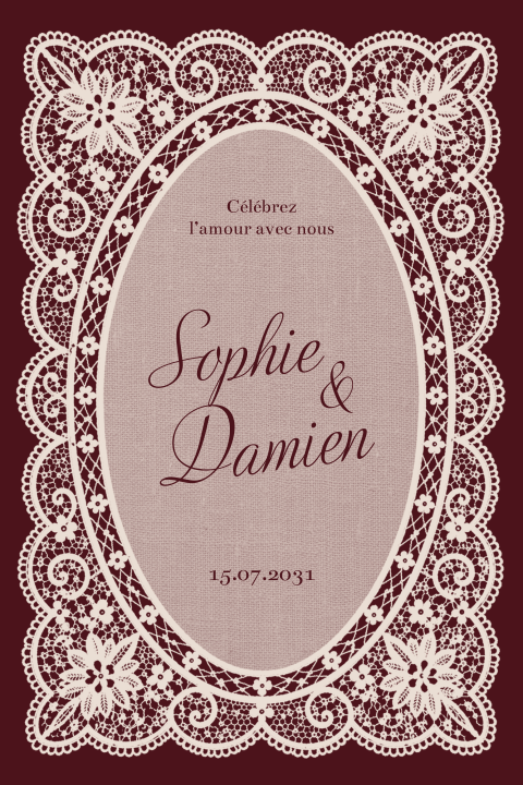 Faire-part mariage classique avec aspect dentelle sur fond bordeaux