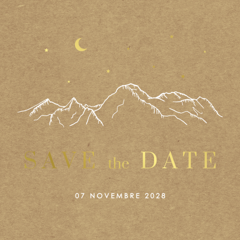 Save the date avec des montagnes et des étoiles sur un aspect kraft